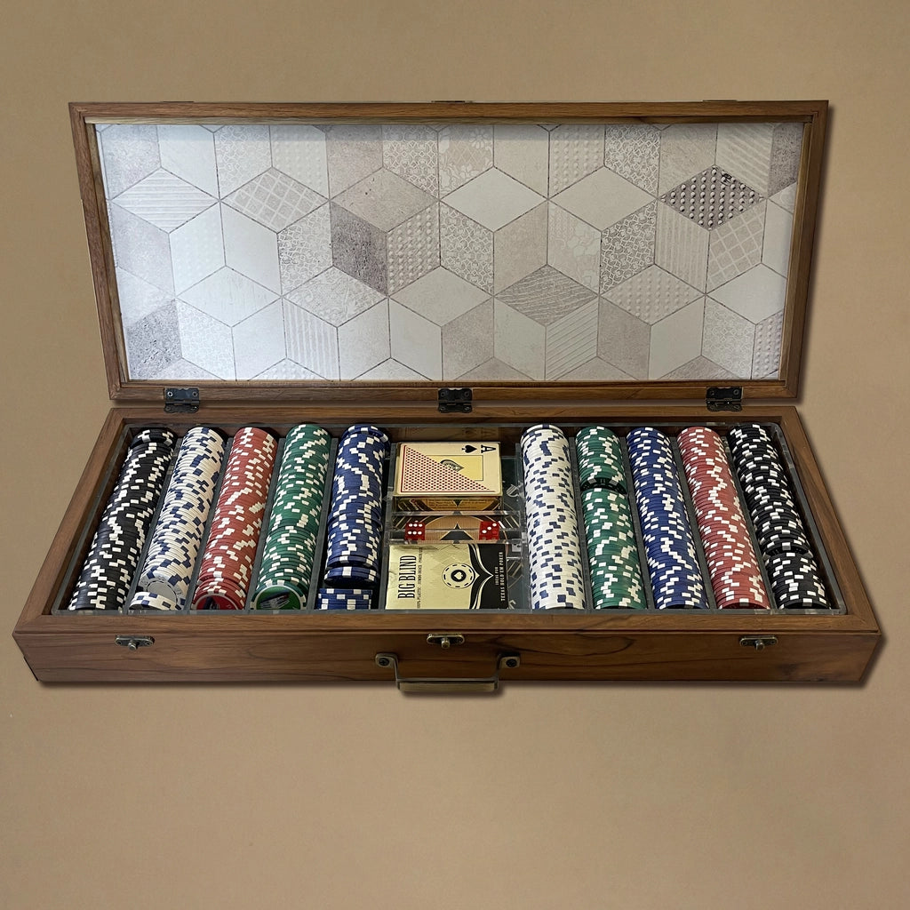 Poker Box in Natural Teak Wood with 500 Chips
