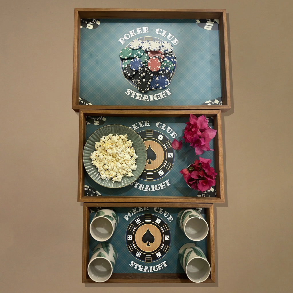 Poker Tray Set of 3 in Natural Teak Wood - Rectangle