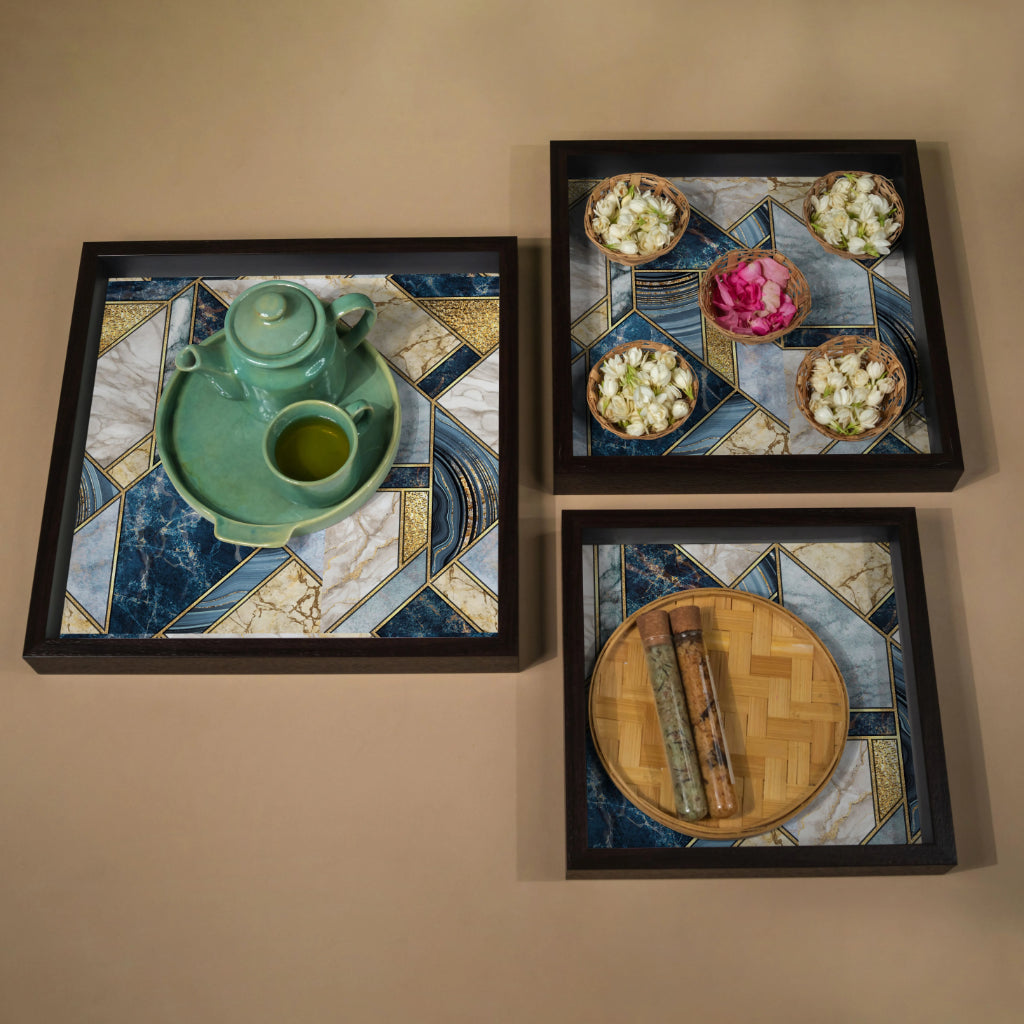 Fire Stone Blue Square Tray (Set of 3)