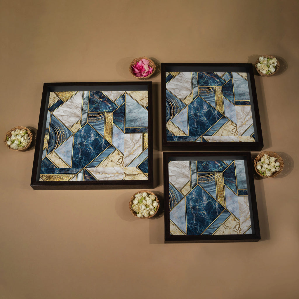 Fire Stone Blue Square Tray (Set of 3)